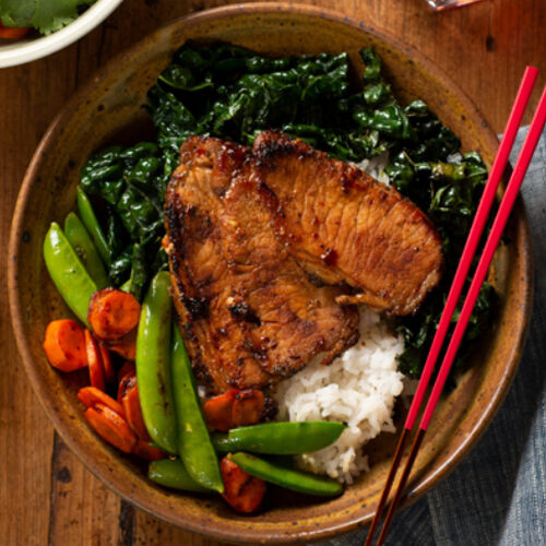 Pork and Rice Bowl, Sweet and Spicy Asian Style