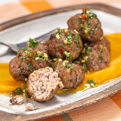 Roasted Pork Meatballs with Chimichurri and Butternut Squash Puree