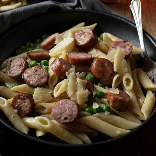 Creamy Beer Brat and Peas Penne Pasta