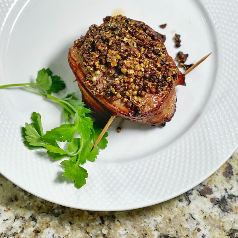 Niman Ranch Applewood-Smoked Bacon-Wrapped Peppercorn-Crusted Angus Beef Tenderloin Filet image number 0