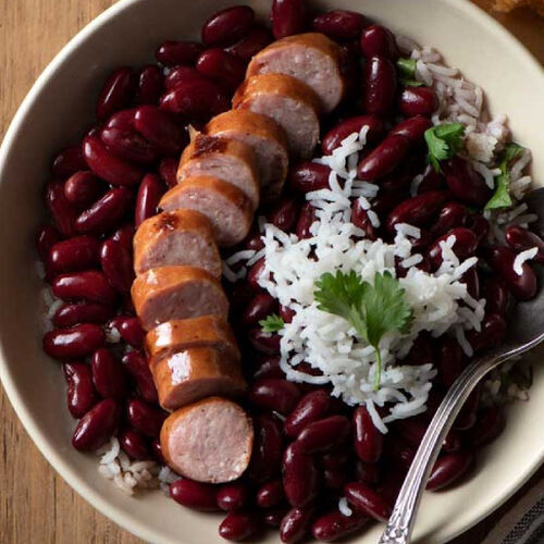 Cheese Brats With Rice and Beans