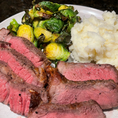 Angus Beef Ribeye Steak with Air-Fried Brussel Sprouts, Bacon and Pan Sauce