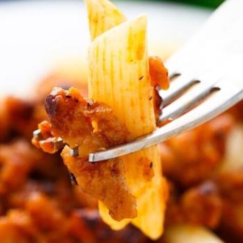 Rigatoni with Meat Sauce and Swiss Chard