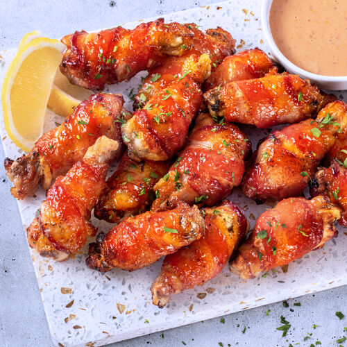 Bacon-Wrapped Chicken Wings with Mustard Glaze