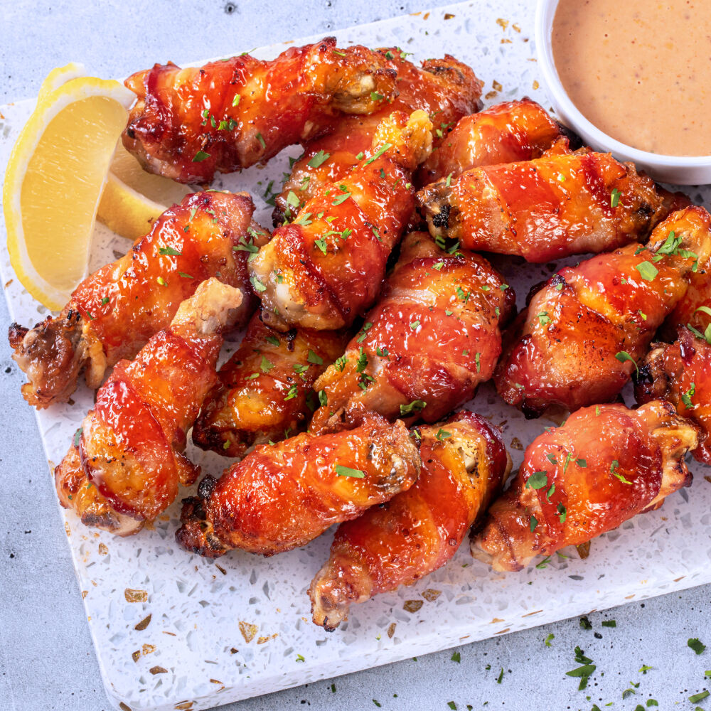 Bacon-Wrapped Chicken Wings with Mustard Glaze image number 0