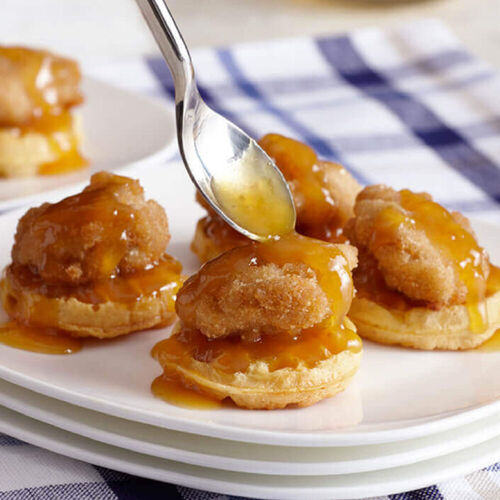 Peachy Mustard Chicken and Waffle Bites
