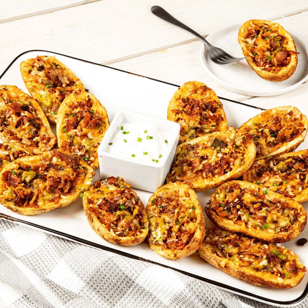 game day snacks - buy hatch green chile and uncured bacon stuffed potato skins